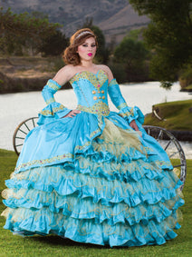Vestido De Quinceañera Joanini Ch-03 100% Poliester Azul Turqueza/Oro 600019