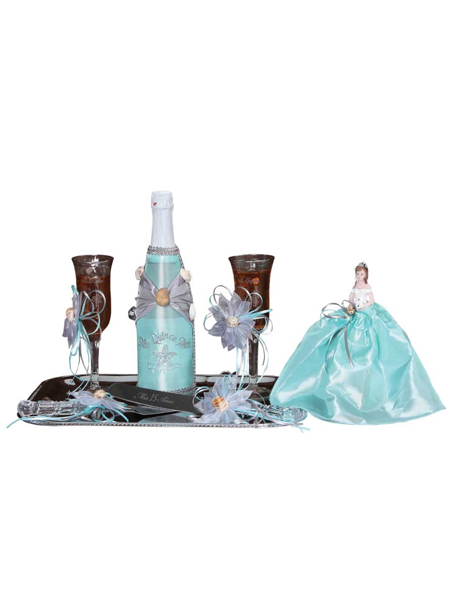 Set de Brindis para XV Años Mis XV Primaveras Color Aqua/Verde 600115