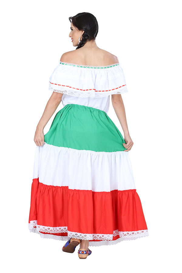 Falda de Mujer México Artesanal Bordada Artesanal en 100% Algodón Color Tricolor 601304