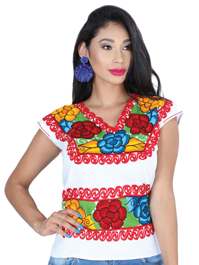 Camisa Casual de Mujer Mis XV Primaveras Bls-Camp-Flr2 en 100% Algodón Color Blanco/Rojo 601411