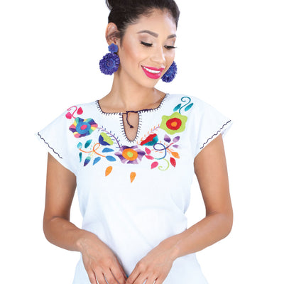 Camisa Casual de Mujer México Artesanal Bls-flr-pntd Bordada Artesanal en 100% Algodón Color Blanco 601417