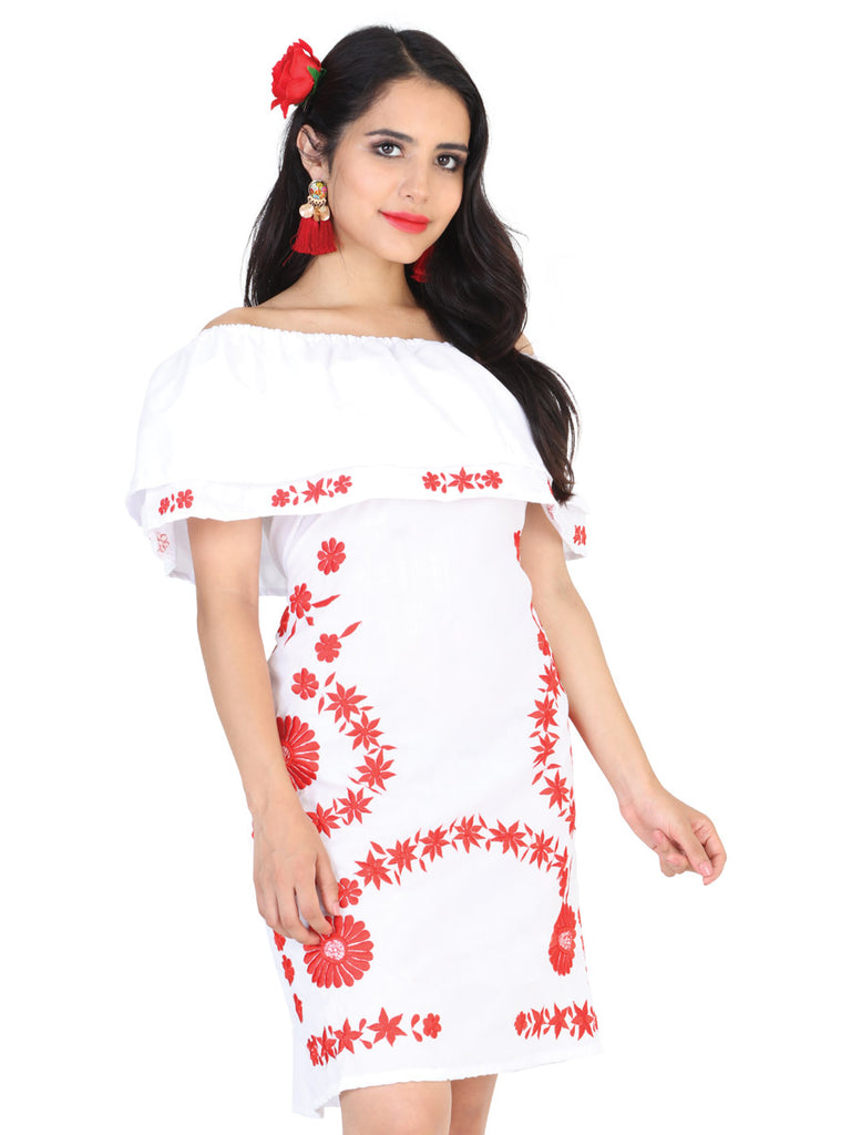Vestido de Mujer México Artesanal Bordada Artesanal en 100% POPELINA Color Blanco/Rojo 601816