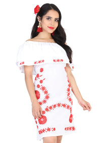 Vestido Mexico Artesanal Bohemio 100% Popelina Blanco/Rojo 601816