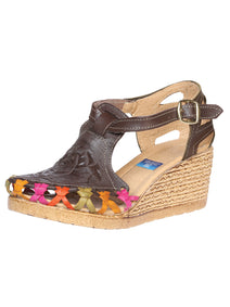 Huarache Plataforma México Artesanal Flor Grabada Piel Ladrillo 601932