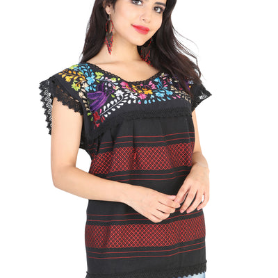 Camisa Casual de Mujer México Artesanal Bordada Artesanal en 50% Algodón 50% Poliéster Color Negro 601968