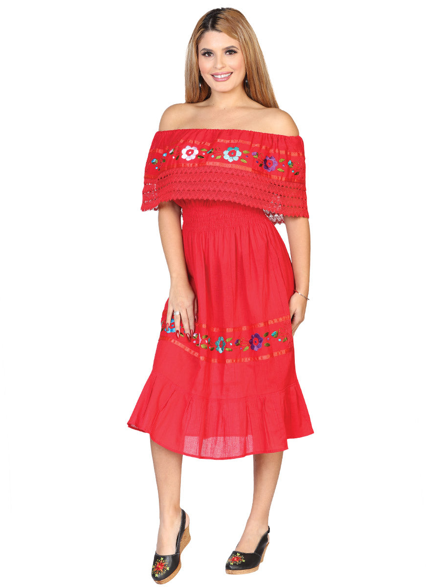 Vestido de Mujer México Artesanal Bordada Artesanal en 50% Algodón 50% Poliéster Color Rojo 602432