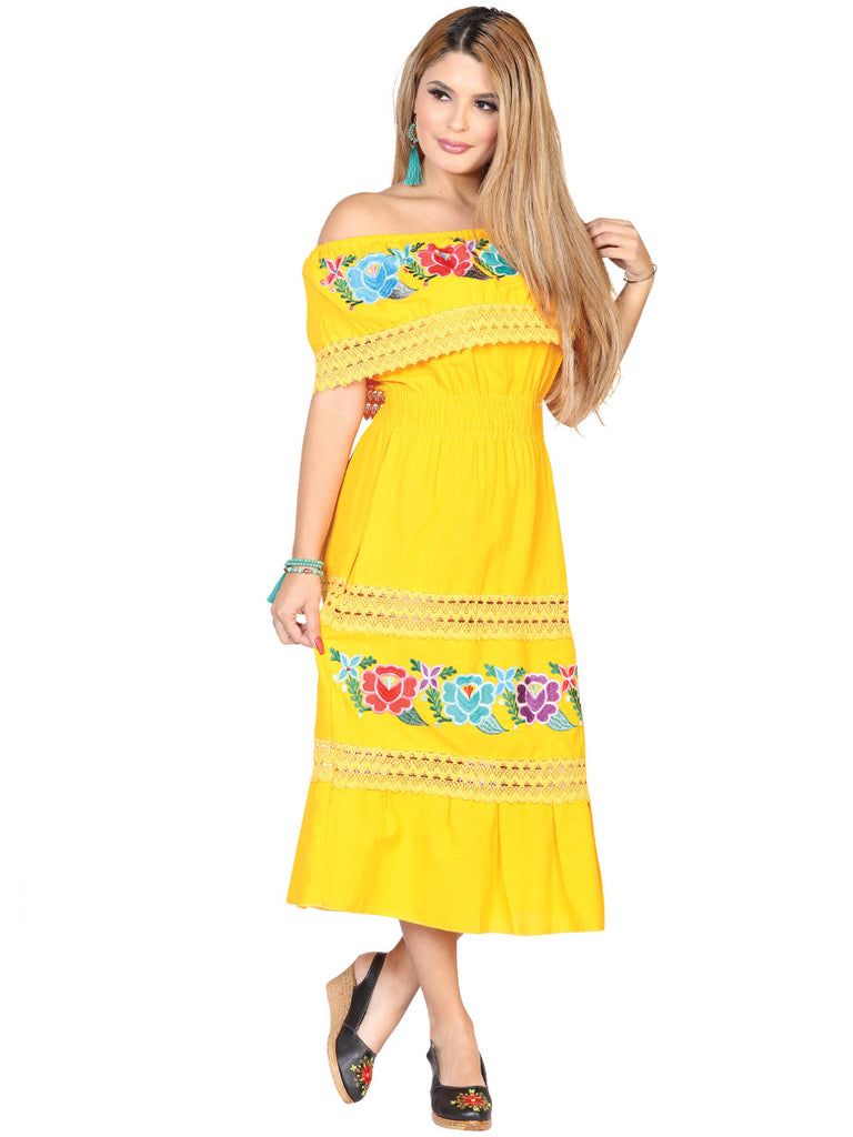 Vestido de Mujer México Artesanal Bordado/a Bordada Artesanal en 100% Algodón Color Amarillo 602434