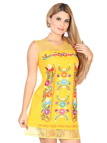 Vestido Bordado/A Mexico Artesanal Primaveral Mini 100% Algodon Amarillo 602448