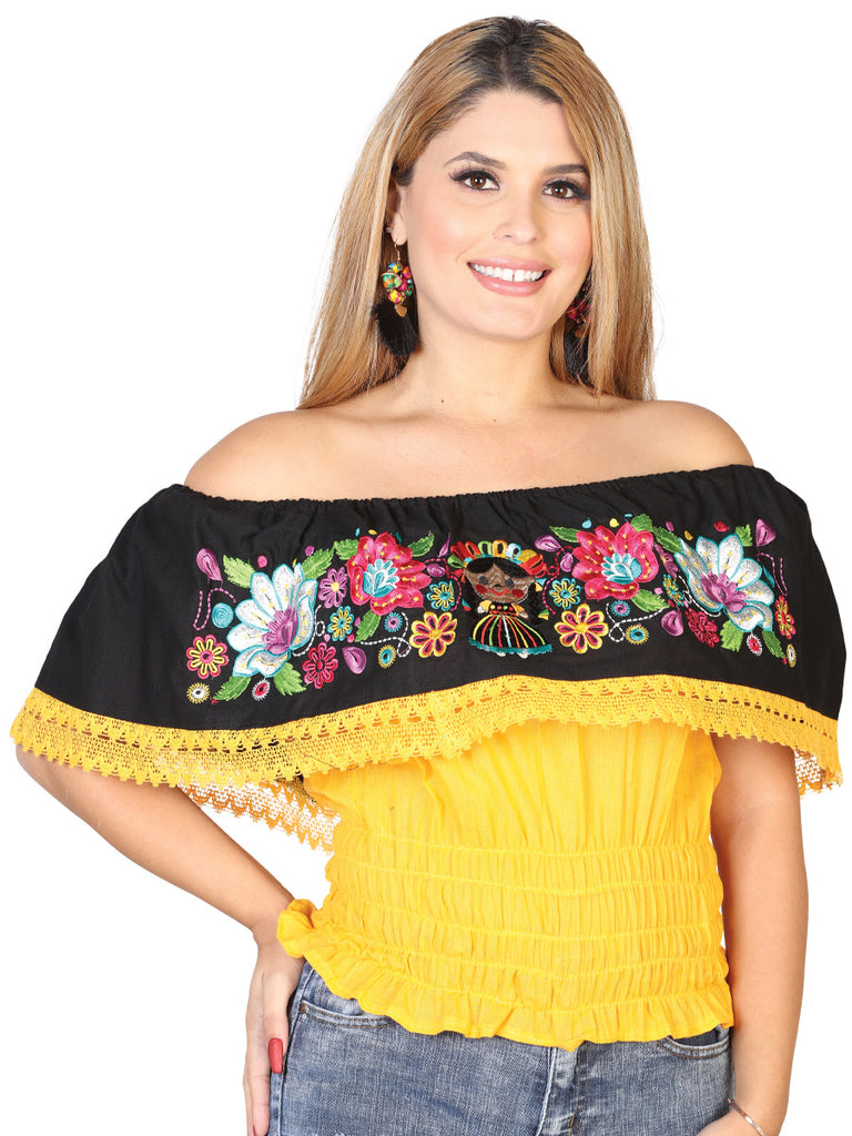 Camisa Casual de Mujer México Artesanal Bordada Artesanal en 100% Algodón Color Negro 602449