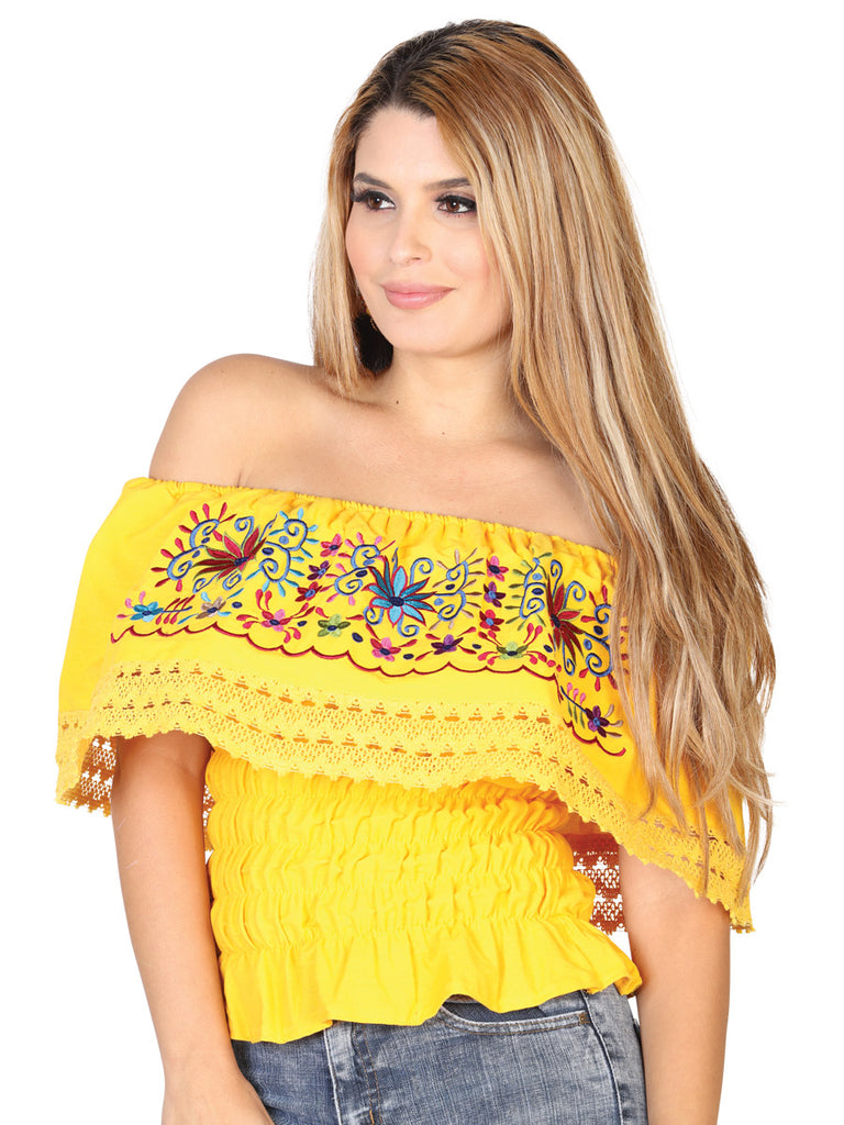 Camisa Casual de Mujer México Artesanal Bordada Artesanal en 100% Algodón Color Amarillo 602460