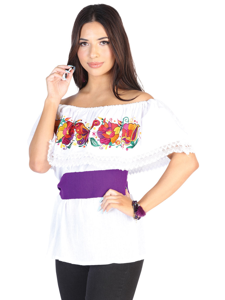 Camisa Casual de Mujer México Artesanal Bordada Artesanal en 50% Algodón 50% Poliéster Color Blanco 602471