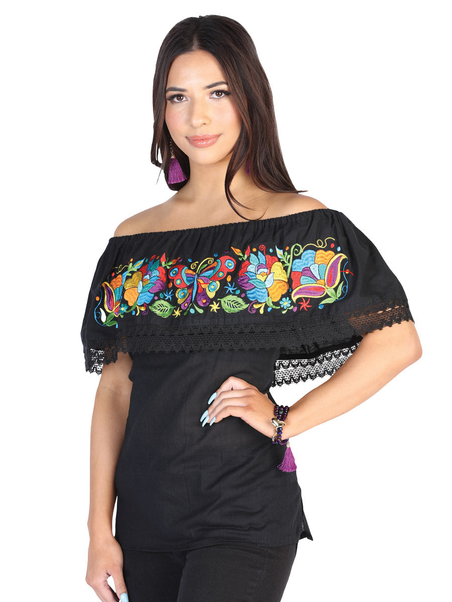 Camisa Casual de Mujer México Artesanal Bordada Artesanal en 50% Algodón 50% Poliéster Color Negro 602472