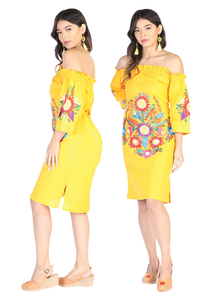 Vestido de Mujer México Artesanal Bordada Artesanal en 100% Algodón Color Amarillo 602482