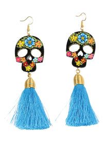 Pendientes Artesanales Aretes Mexico Artesanal Calavera Madera/Hilo De Seda Azul 602943