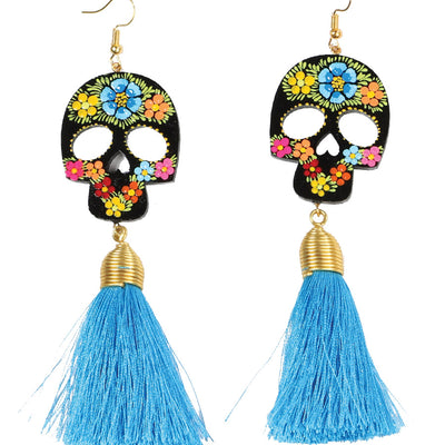 Pendientes Artesanales Aretes Mexico Artesanal Calavera Madera/Hilo De Seda Azul 602943