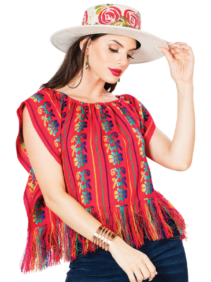 Camisa Casual de Mujer México Artesanal SK-B034 Cambaya-100 Bordada en Cambaya-100% Algodón Color Rojo 603000
