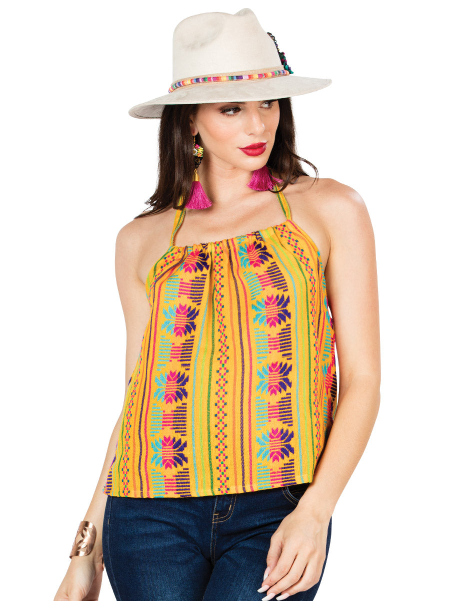 Camisa Casual de Mujer México Artesanal Cambaya-100 Bordada Artesanal en Cambaya-100% Algodón Color Amarillo 603005