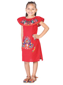 Vestido Mexico Artesanal Bordado En Medio 100% Algodon Rojo 603039