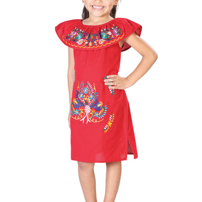 Vestido de Niña México Artesanal Bordada Artesanal en 100% Algodón Color Rojo 603039