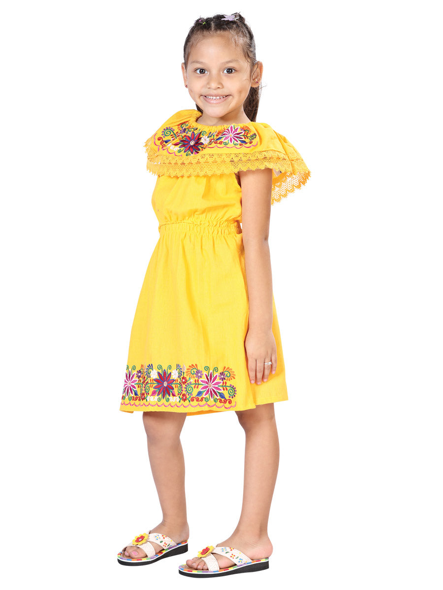 Vestido de Niña México Artesanal Bordada Artesanal en 100% Algodón Color Amarillo 603042