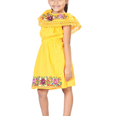 Vestido de Niña México Artesanal Bordada Artesanal en 100% Algodón Color Amarillo 603042