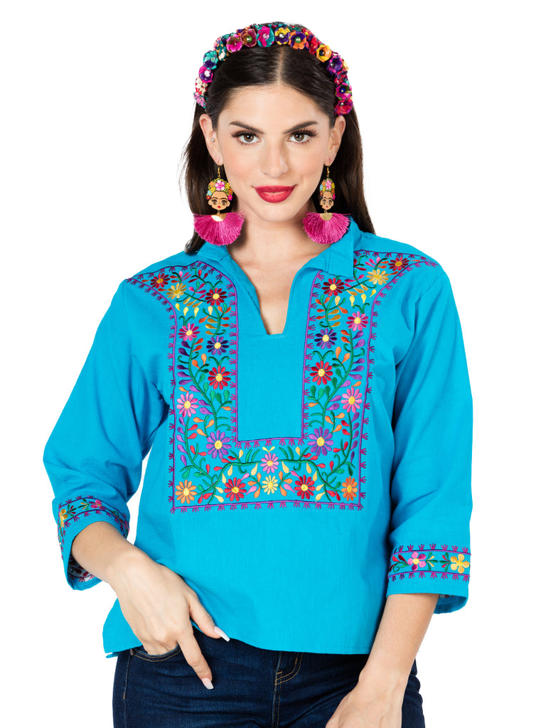 Camisa Casual de Mujer México Artesanal Bordada Artesanal en 100% Algodón Color Azul 603061