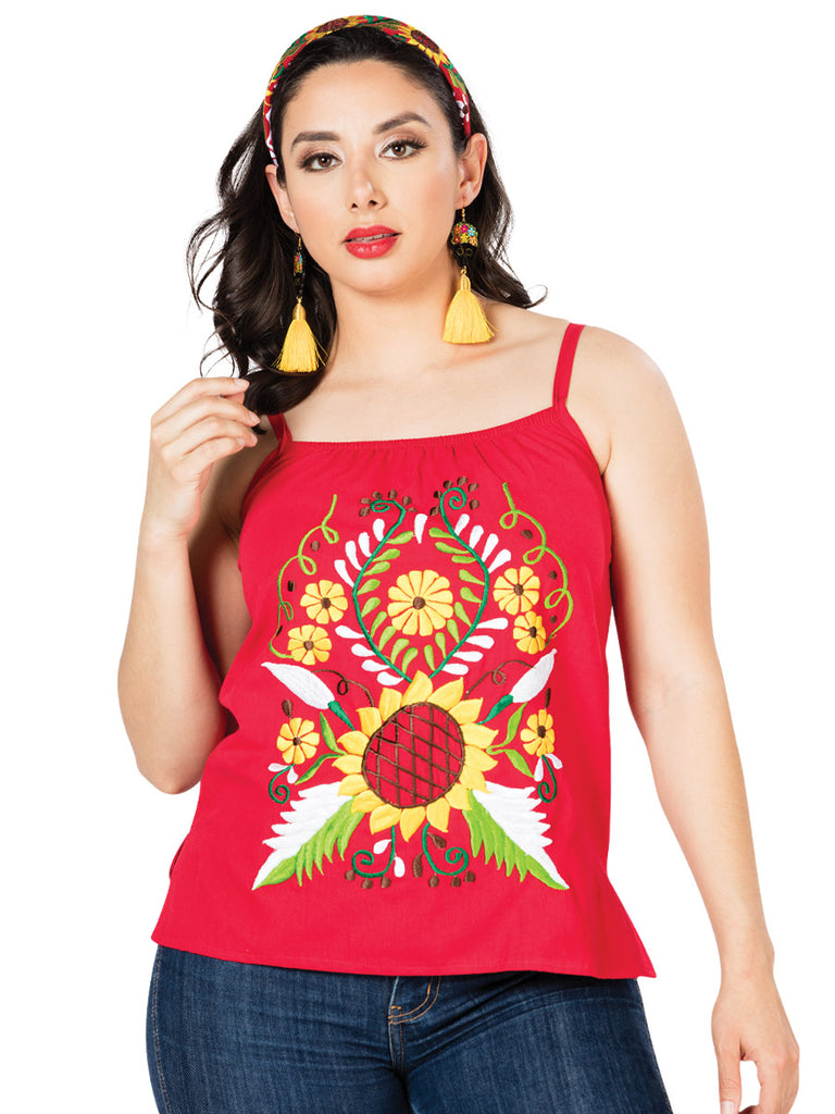 Camisa Casual de Mujer México Artesanal Bordada Artesanal en 100% Algodón Color Rojo 603073