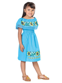 Vestido Mexico Artesanal Campesino Girasol 100% Algodón Azul 603085