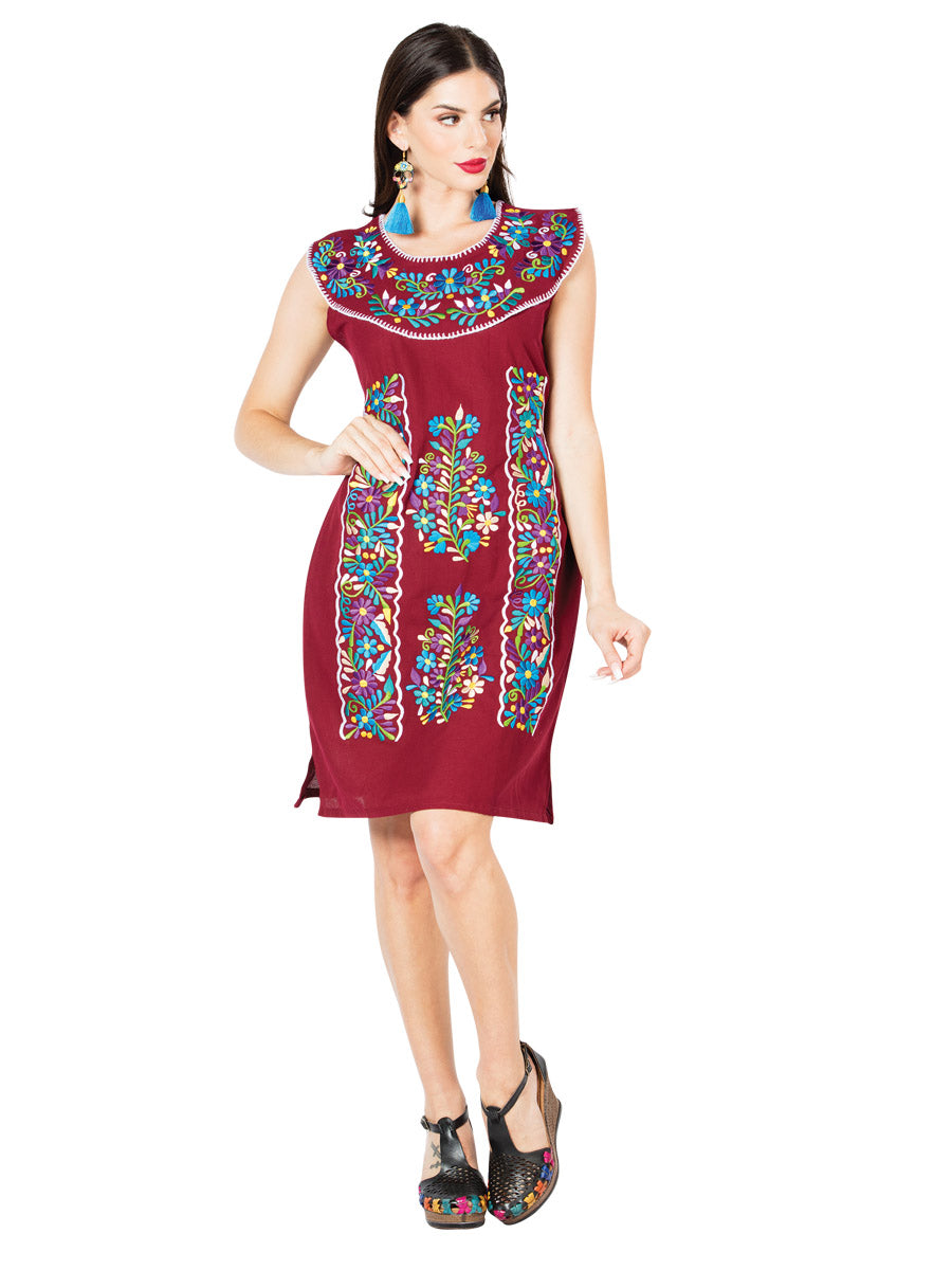 Vestido de Mujer México Artesanal Bordada Artesanal en 100% Algodón Color Vino 603091