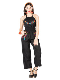 Artesanal Bordado Jumpsuit 100% Algodón Negro 603183