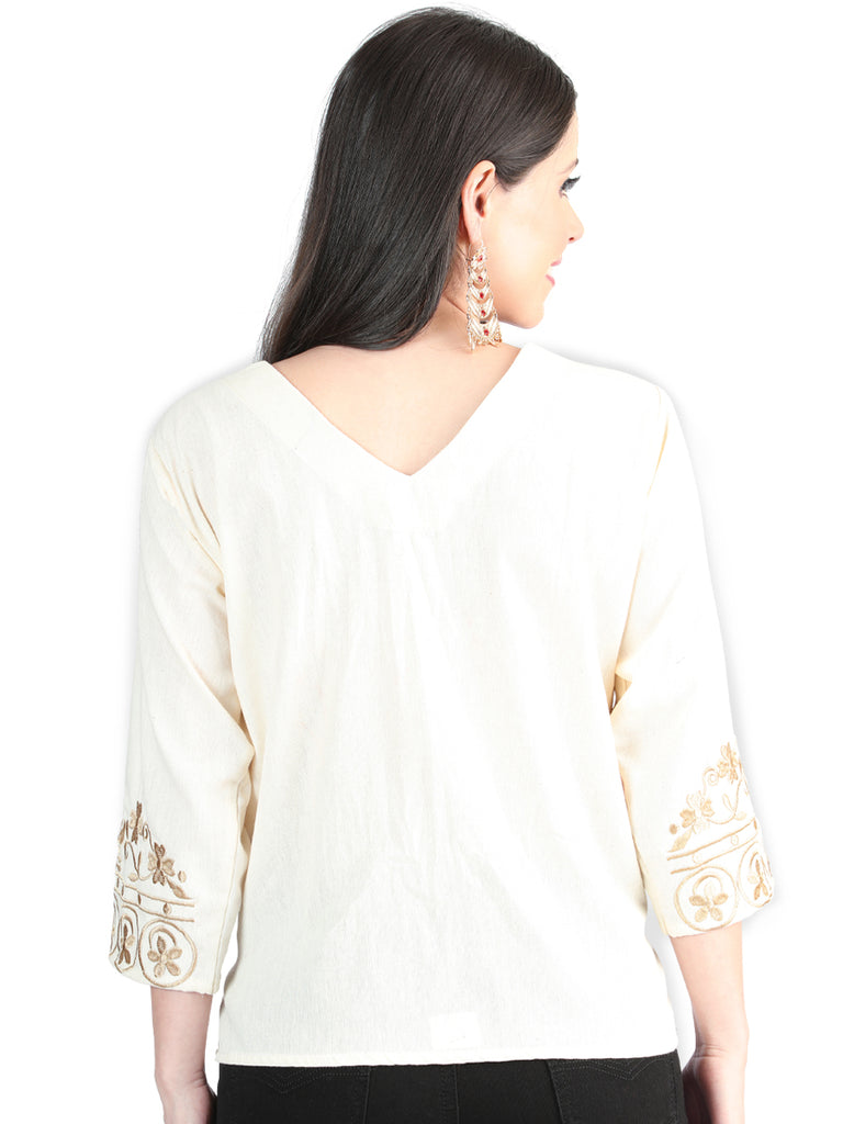 Camisa Casual de Mujer México Artesanal Bordada Artesanal en 100% Algodón Color Beige 603963
