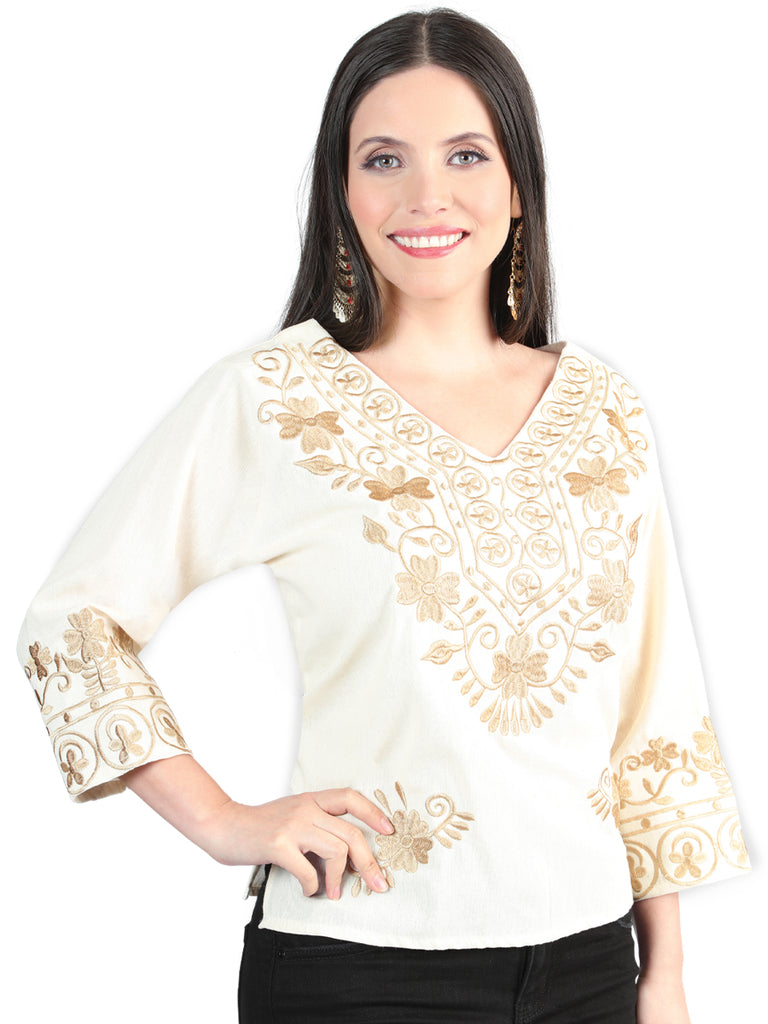 Camisa Casual de Mujer México Artesanal Bordada Artesanal en 100% Algodón Color Beige 603963