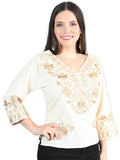 Camisa Casual de Mujer México Artesanal Bordada Artesanal en 100% Algodón Color Beige 603963