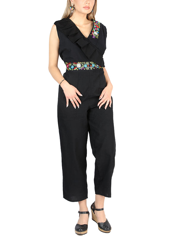 Artesanal Bordado Jumpsuit 100% Algodón Negro 604047