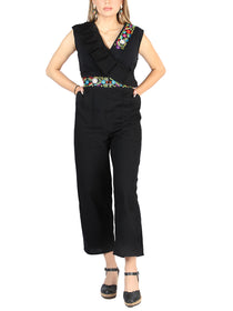 Artesanal Bordado Jumpsuit 100% Algodón Negro 604047