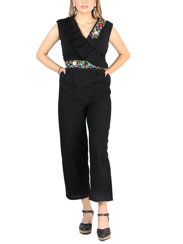 Artesanal Bordado Jumpsuit 100% Algodón Negro 604047