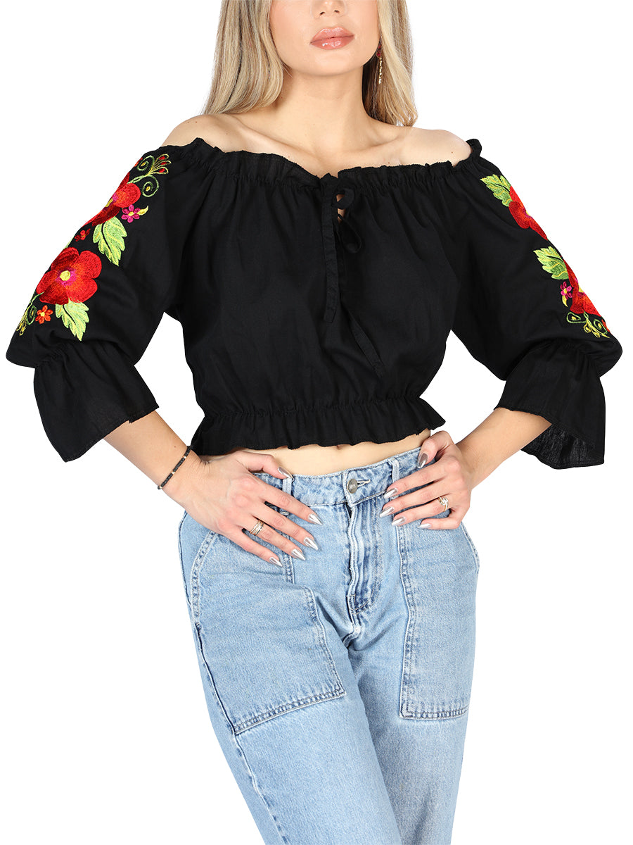 Camisa Casual de Mujer El General Bordada Charro Artesanal en 100% Algodón Color Negro 604050