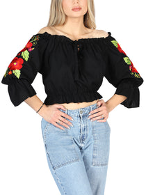 Artesanal Bordado Blusa 100% Algodón Negro 604050