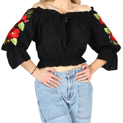 Artesanal Bordado Blusa 100% Algodón Negro 604050