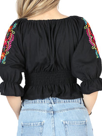 Artesanal Bordado Blusa 100% Algodón Negro 604051