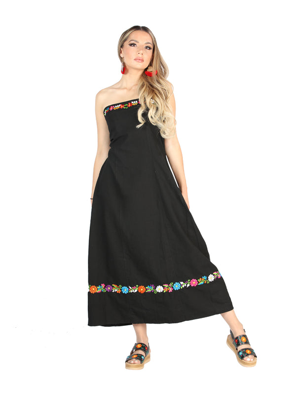 Artesanal Bordado Vestido 100% Algodón Negro 604053