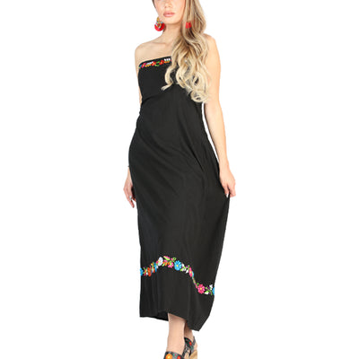 Artesanal Bordado Vestido 100% Algodón Negro 604053