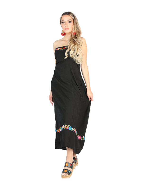 Artesanal Bordado Vestido 100% Algodón Negro 604053