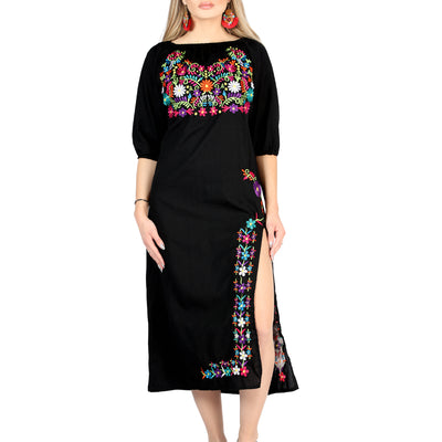 Artesanal Bordado Vestido 100% Algodón Negro 604054