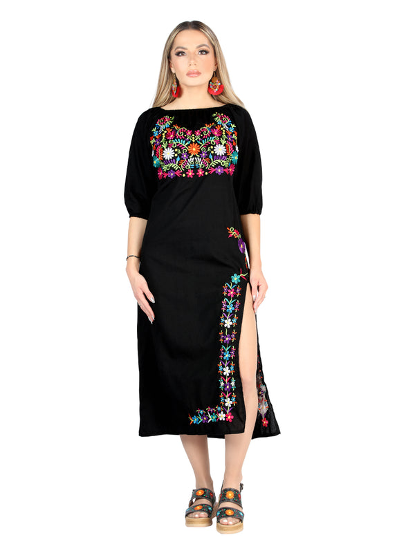 Artesanal Bordado Vestido 100% Algodón Negro 604054