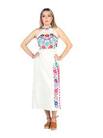 Artesanal Bordado Vestido 100% Algodón Beige 604055