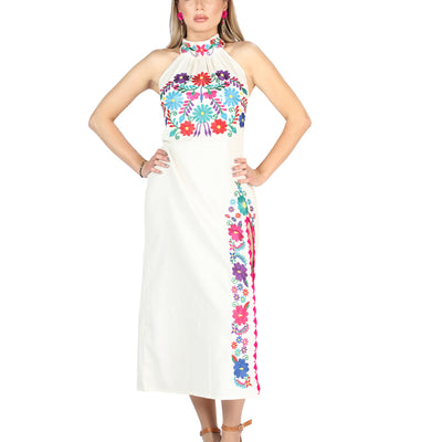 Artesanal Bordado Vestido 100% Algodón Beige 604055