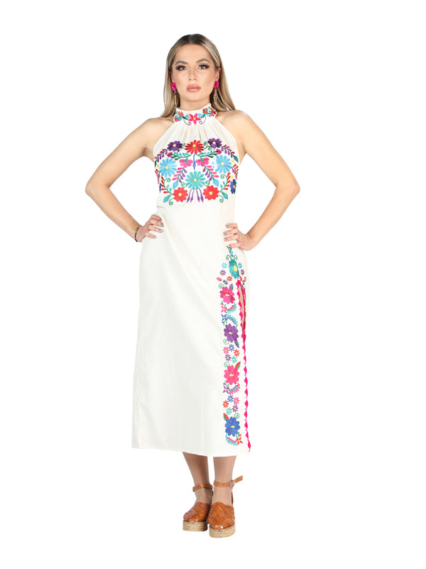 Artesanal Bordado Vestido 100% Algodón Beige 604055