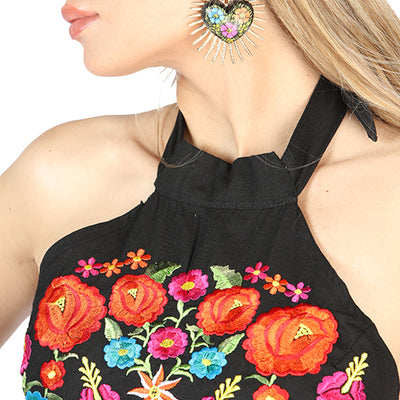 Artesanal Bordado Vestido 100% Algodón Negro 604056