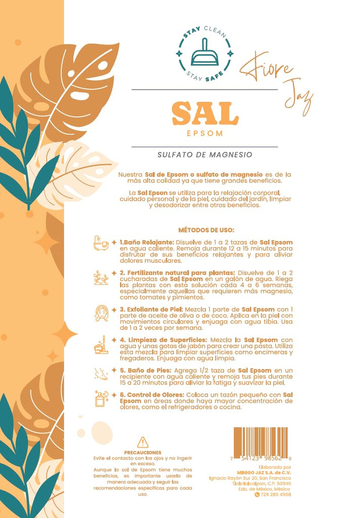 Sal De Epsom - 100% Natural, Neutral - Sulfato de magnesio, sin aroma - (Grado Alimenticio)